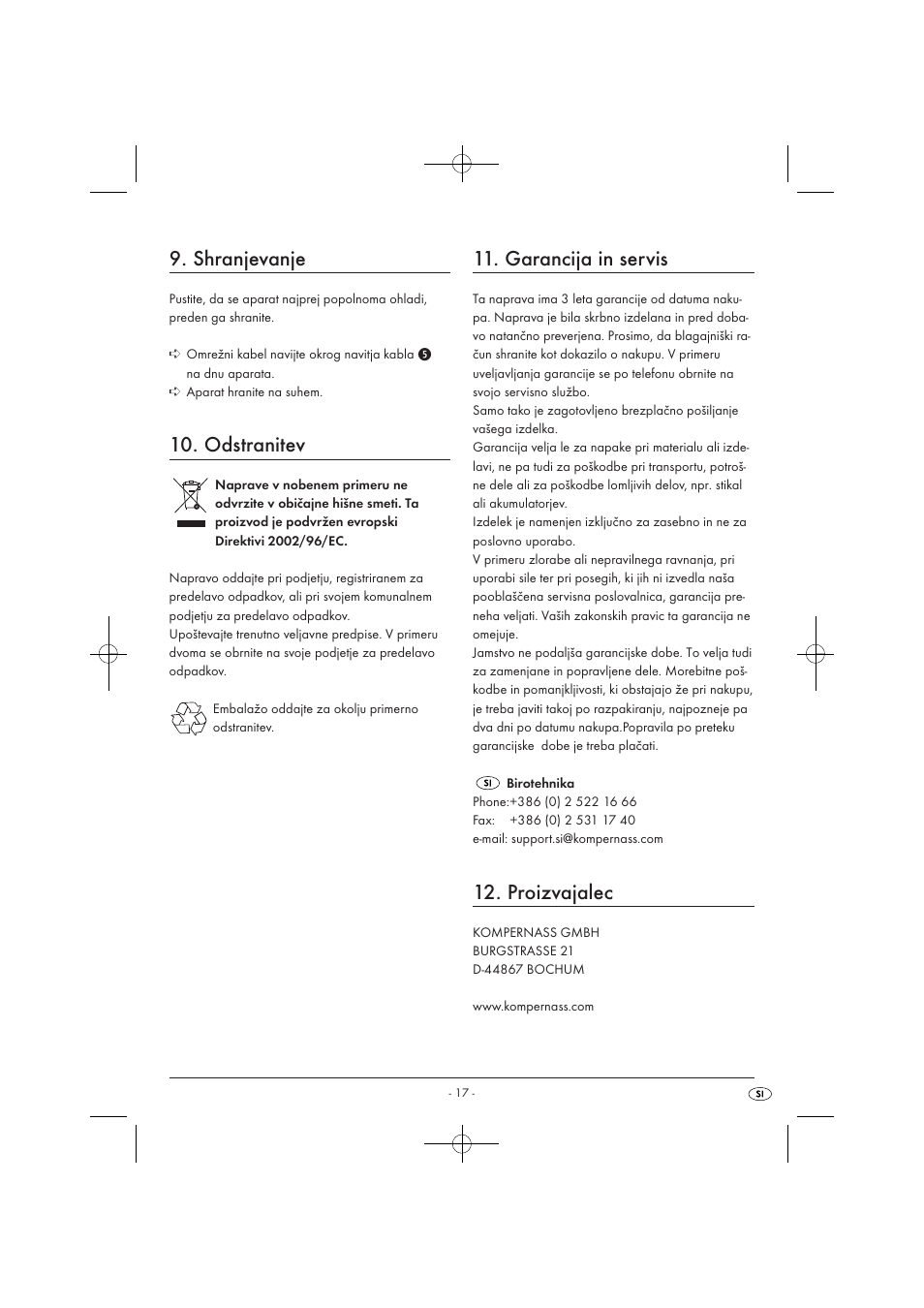 Shranjevanje, Odstranitev, Garancija in servis | Proizvajalec | Silvercrest SEKD 400 A1 User Manual | Page 19 / 28