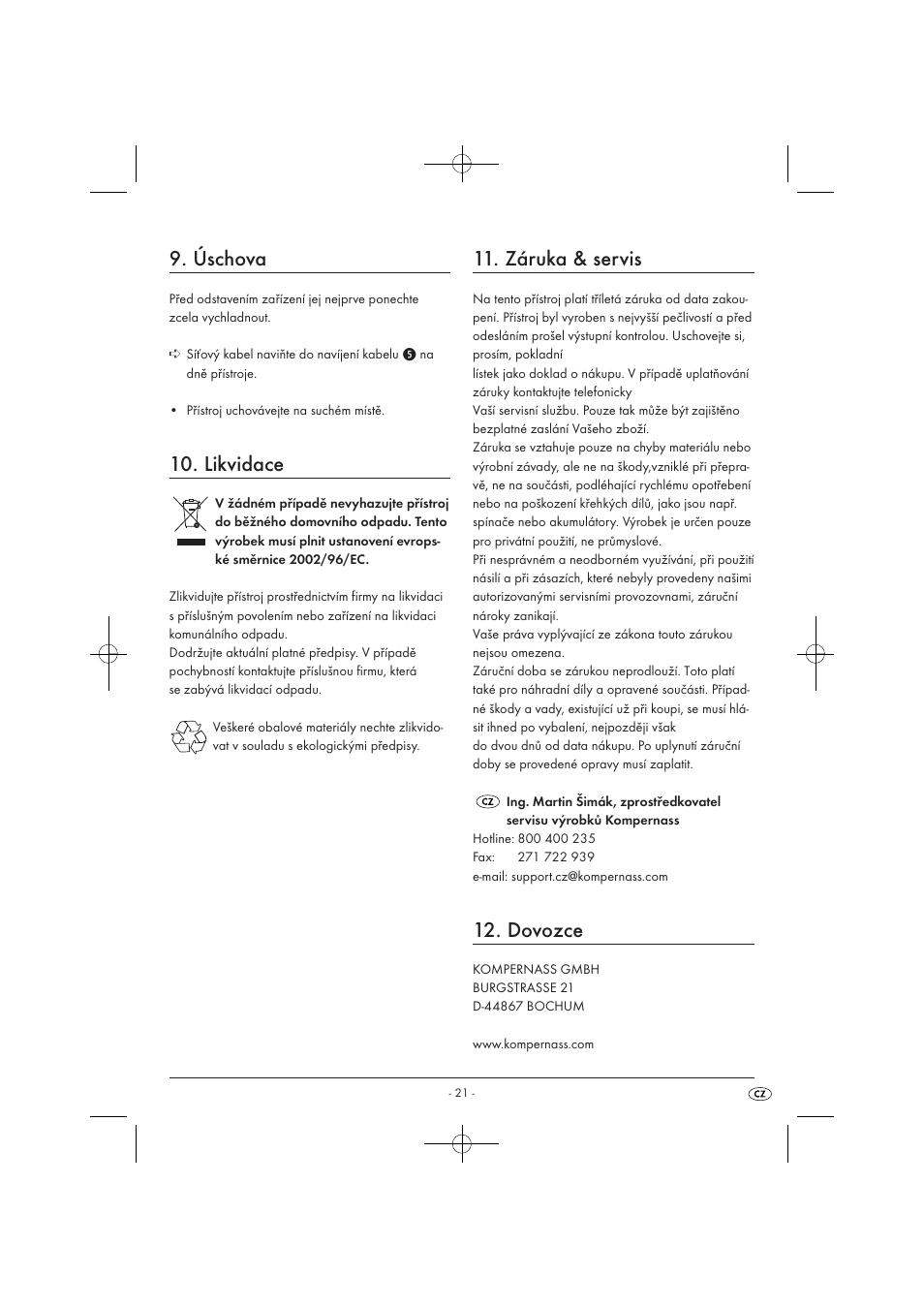 Úschova, Likvidace, Záruka & servis | Dovozce | Silvercrest SEKD 400 A1 User Manual | Page 23 / 28