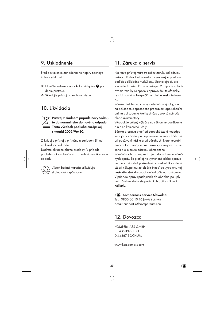 Uskladnenie, Likvidácia, Záruka a servis | Dovozca | Silvercrest SEKD 400 A1 User Manual | Page 27 / 28