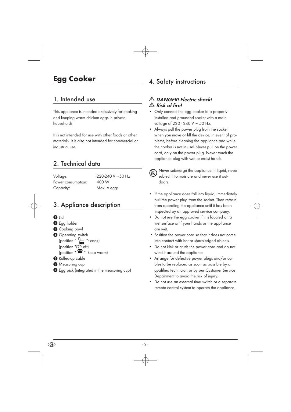 Egg cooker, Intended use, Technical data | Appliance description, Safety instructions | Silvercrest SEKD 400 A1 User Manual | Page 4 / 28