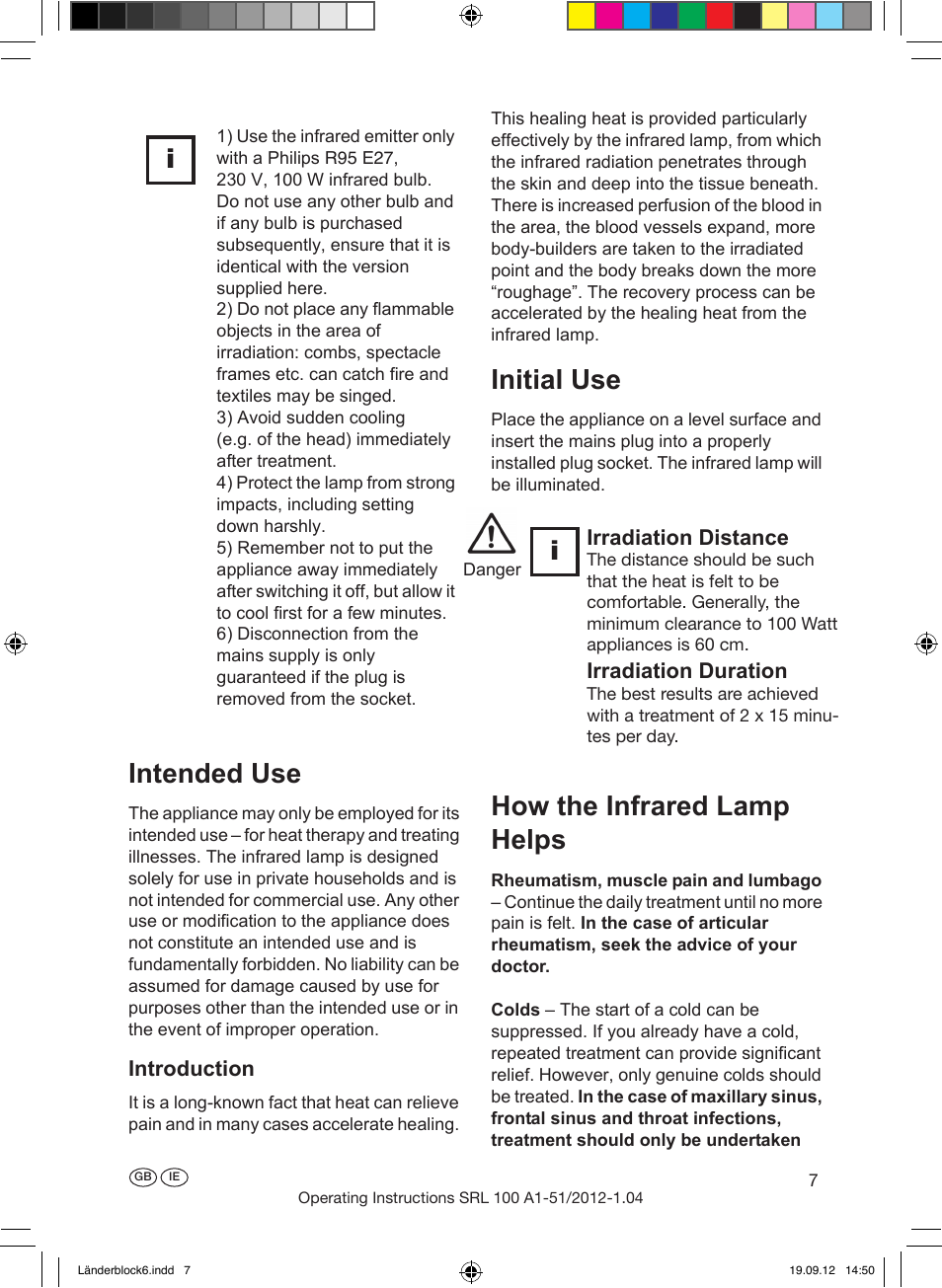 Intended use, Initial use, How the infrared lamp helps | Special safety precautions, Irradiation duration, Irradiation distance, Introduction, When using infrared emitters | Silvercrest SRL 100 A1 User Manual | Page 7 / 16