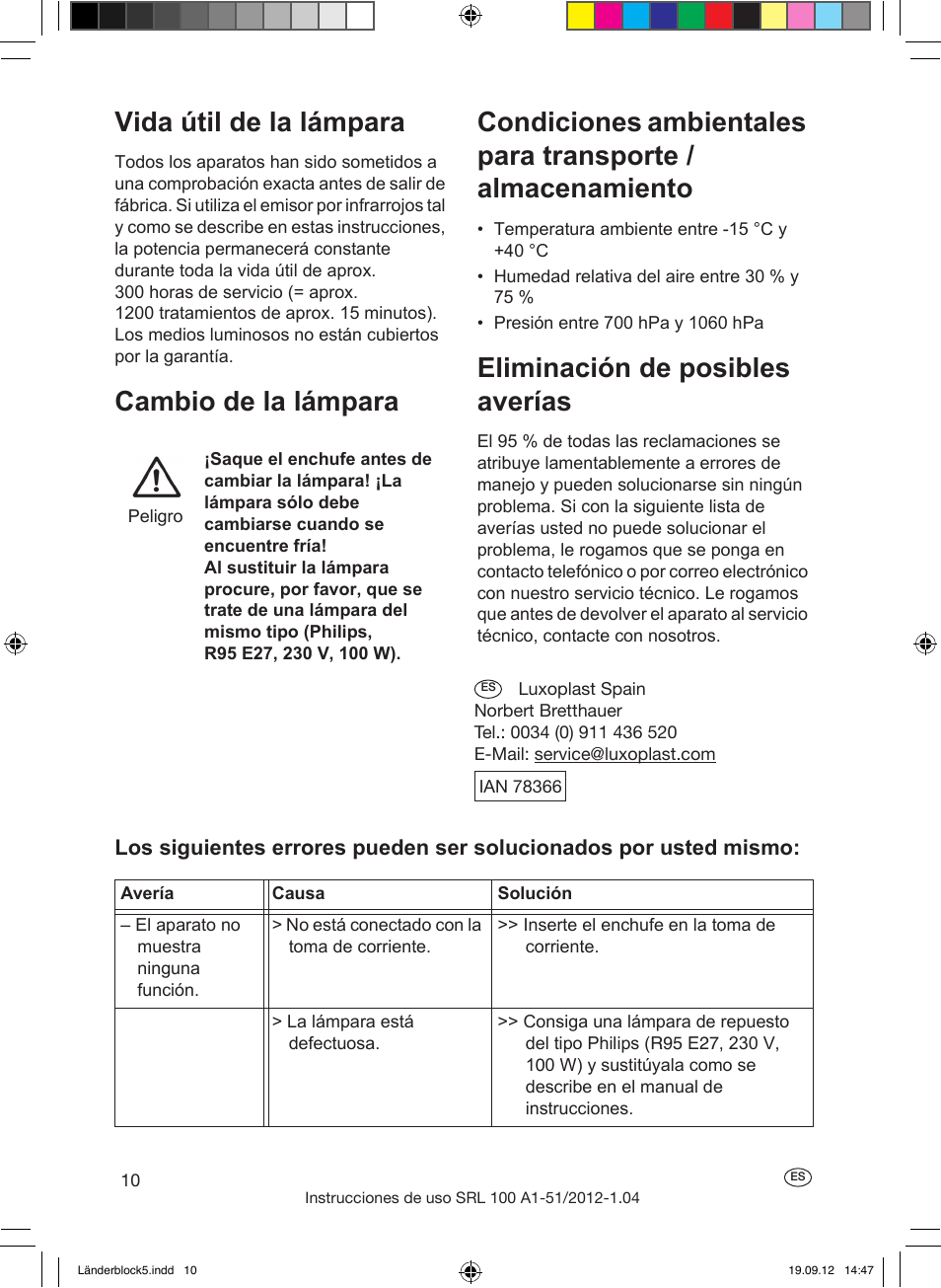 Vida útil de la lámpara, Eliminación de posibles averías, Eliminación de residuos garantía | Silvercrest SRL 100 A1 User Manual | Page 10 / 56