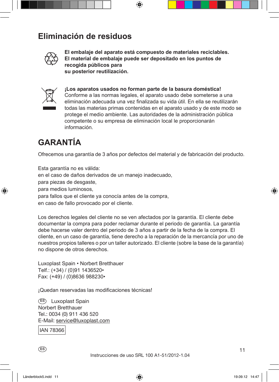 Vida útil de la lámpara, Eliminación de posibles averías, Eliminación de residuos garantía | Silvercrest SRL 100 A1 User Manual | Page 11 / 56