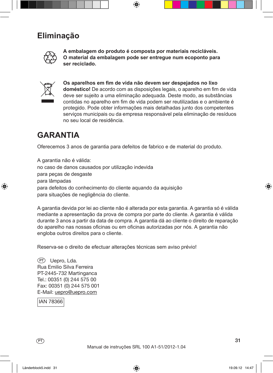 Eliminação de possíveis avarias, Eliminação garantia | Silvercrest SRL 100 A1 User Manual | Page 31 / 56