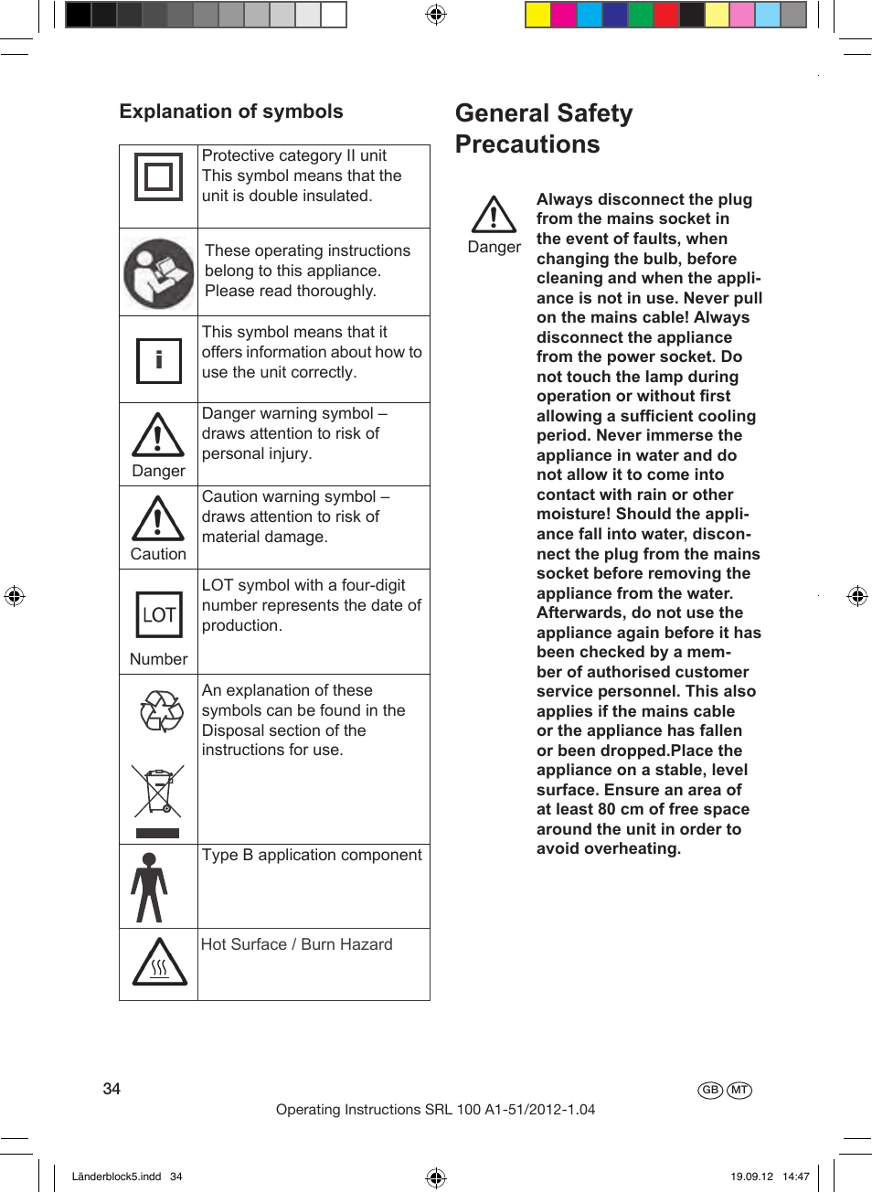 General safety precautions, Erläuterung der bildzeichen, Explanation of symbols | Silvercrest SRL 100 A1 User Manual | Page 34 / 56