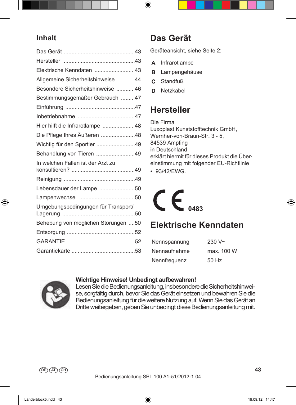 Das gerät, Hersteller, Elektrische kenndaten | Inhalt | Silvercrest SRL 100 A1 User Manual | Page 43 / 56