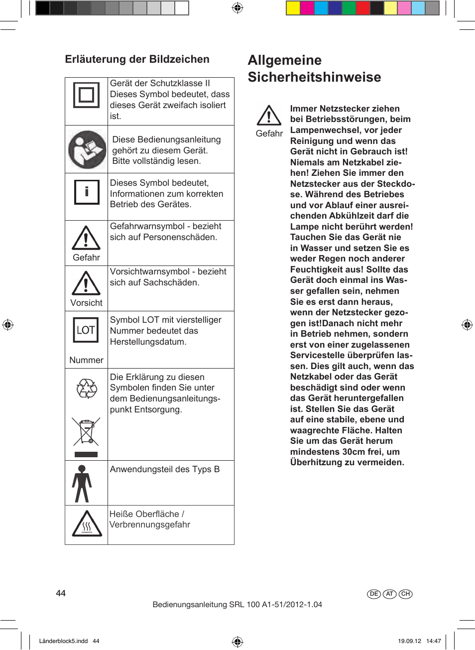 Allgemeine sicherheitshinweise, Erläuterung der bildzeichen | Silvercrest SRL 100 A1 User Manual | Page 44 / 56