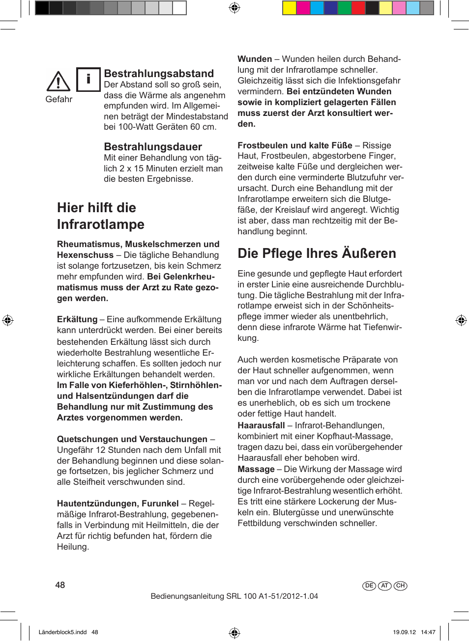 Hier hilft die infrarotlampe, Die pflege ihres äußeren, Wichtig für den sportler | Behandlung von tieren, Bestrahlungsdauer, Bestrahlungsabstand | Silvercrest SRL 100 A1 User Manual | Page 48 / 56