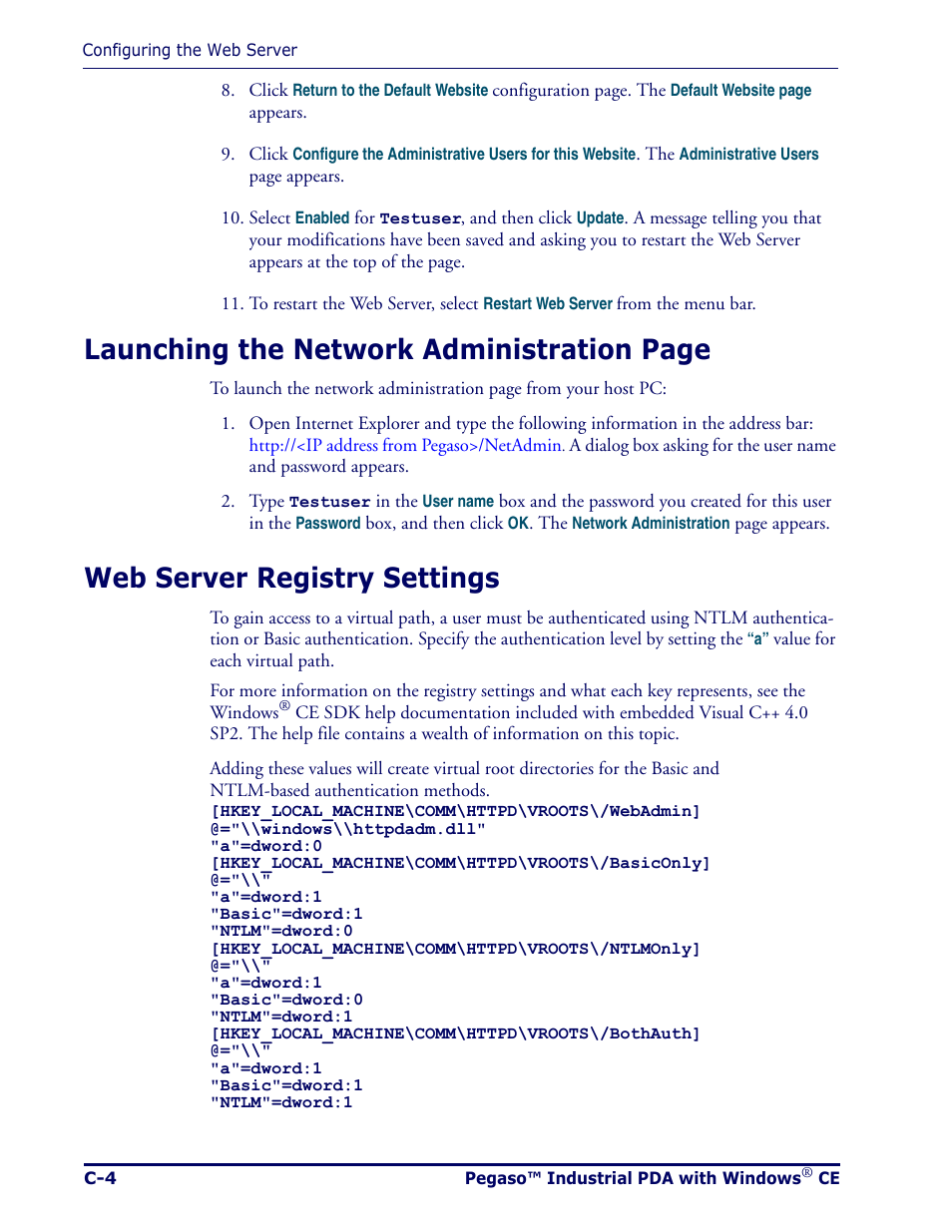 Web server registry settings, Launching the network administration page | Datalogic Scanning Pegaso User Manual | Page 102 / 172