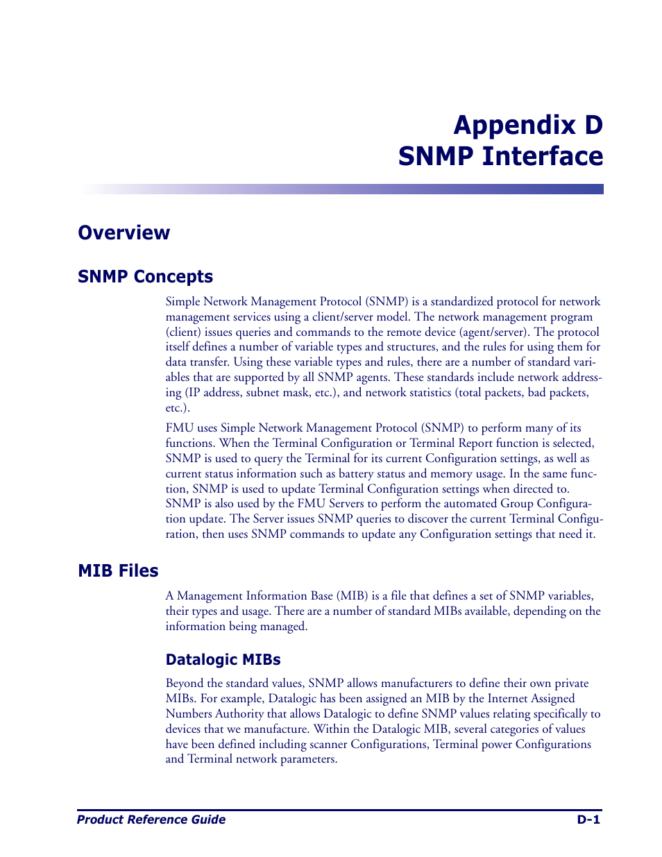 Snmp interface, Overview, Snmp concepts | Mib files, Appendix, Snmp interface", describes snmp (s, Appendix d snmp interface | Datalogic Scanning Pegaso User Manual | Page 105 / 172