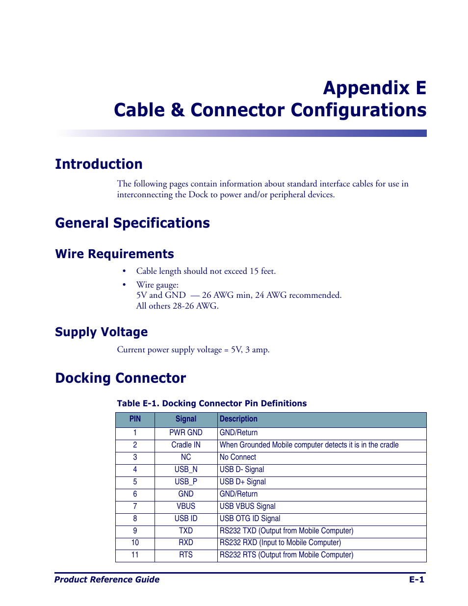 Cable & connector configurations, Introduction, General specifications | Wire requirements, Supply voltage, Docking connector, Appendix, Appendix e cable & connector configurations | Datalogic Scanning Pegaso User Manual | Page 107 / 172