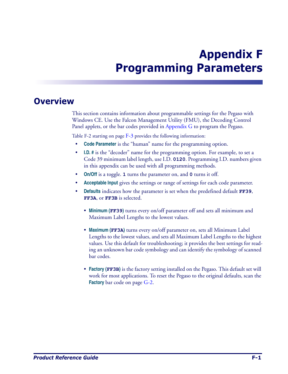 Programming parameters, Overview, Appendix | Appendix f programming parameters | Datalogic Scanning Pegaso User Manual | Page 109 / 172