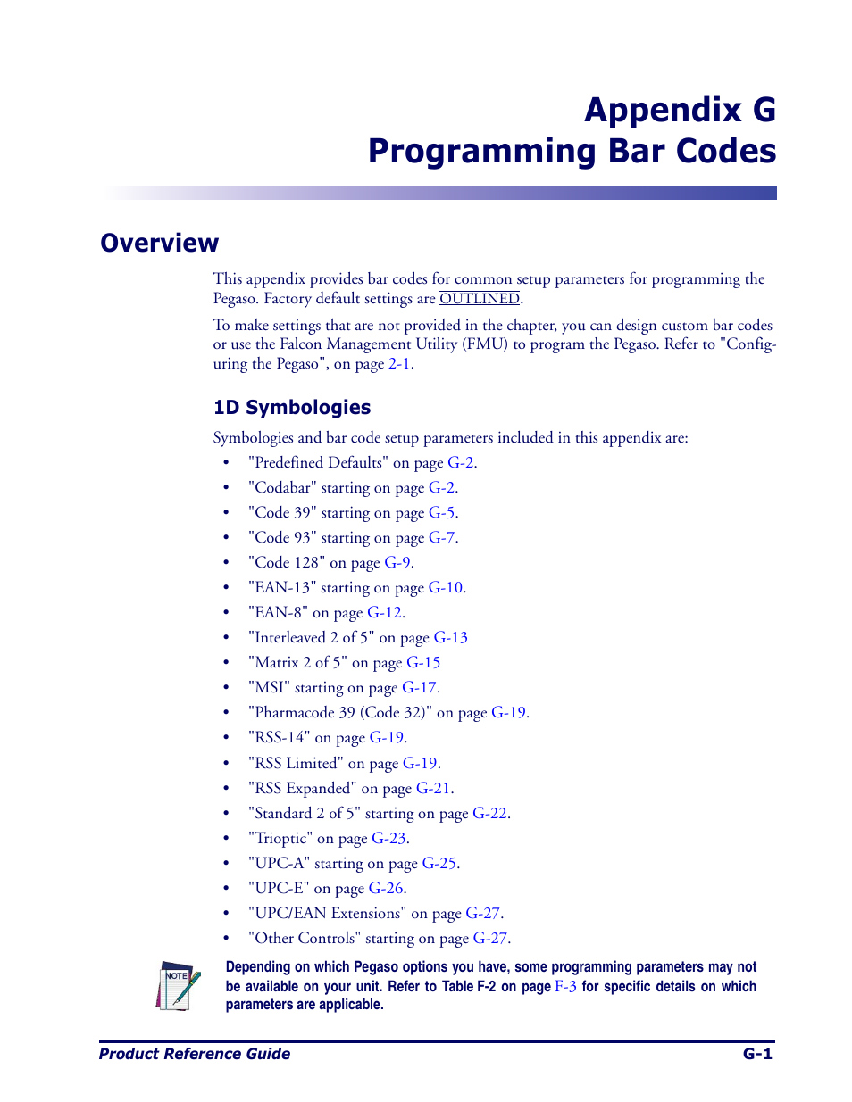 Programming bar codes, Overview, Appendix | Appendix g, Appendix g programming bar codes | Datalogic Scanning Pegaso User Manual | Page 125 / 172