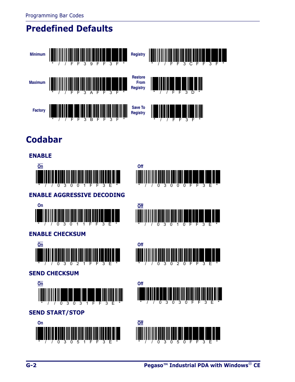 Predefined defaults, Codabar, Predefined defaults codabar | Enable, Enable aggressive decoding, Enable checksum, Send checksum, Send start/stop | Datalogic Scanning Pegaso User Manual | Page 126 / 172