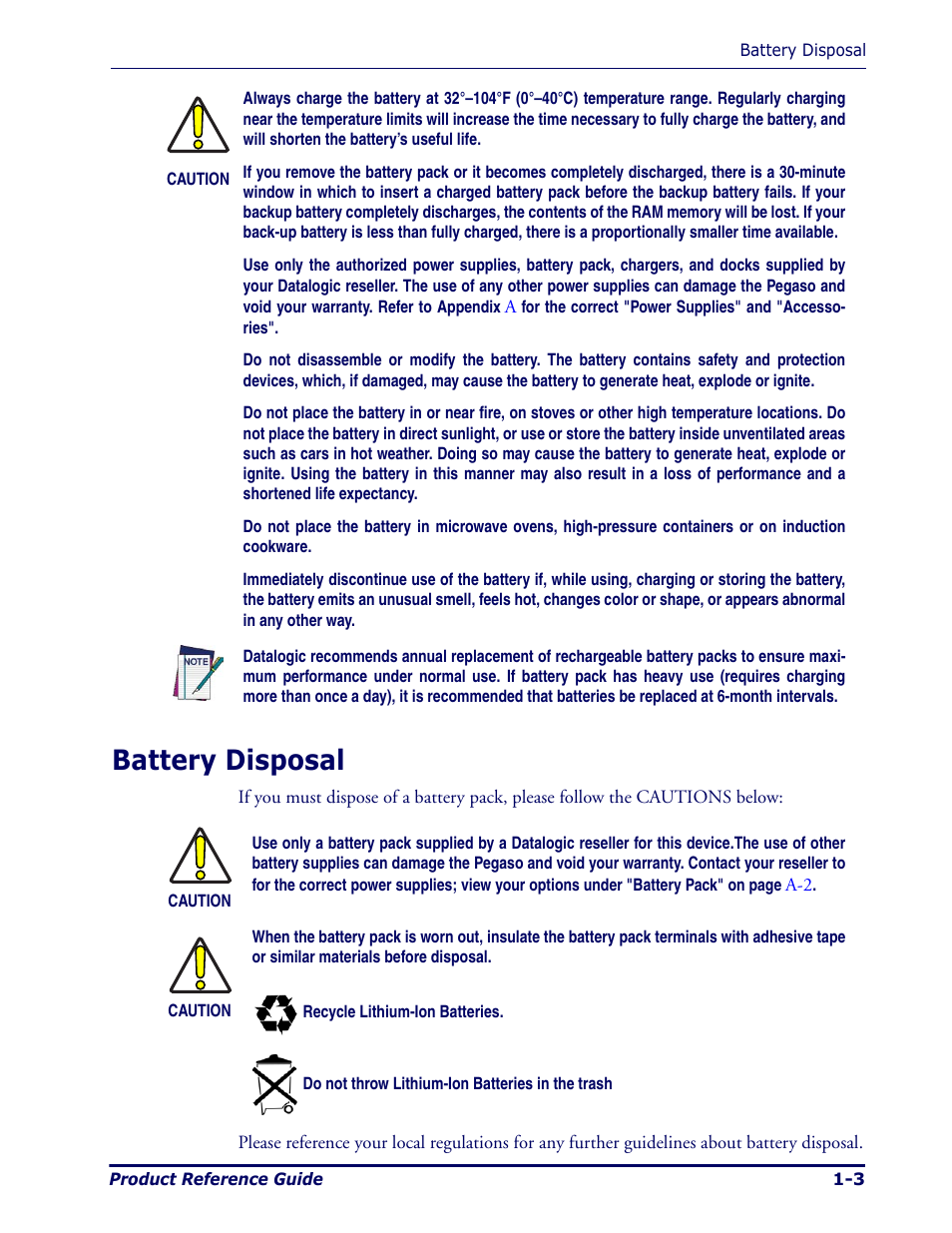 Battery disposal, Battery disposal -3 | Datalogic Scanning Pegaso User Manual | Page 13 / 172