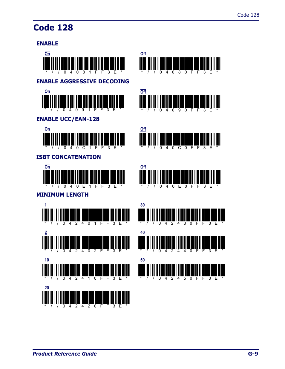 Code 128, Enable, Enable aggressive decoding | Enable ucc/ean-128, Isbt concatenation, Minimum length | Datalogic Scanning Pegaso User Manual | Page 133 / 172
