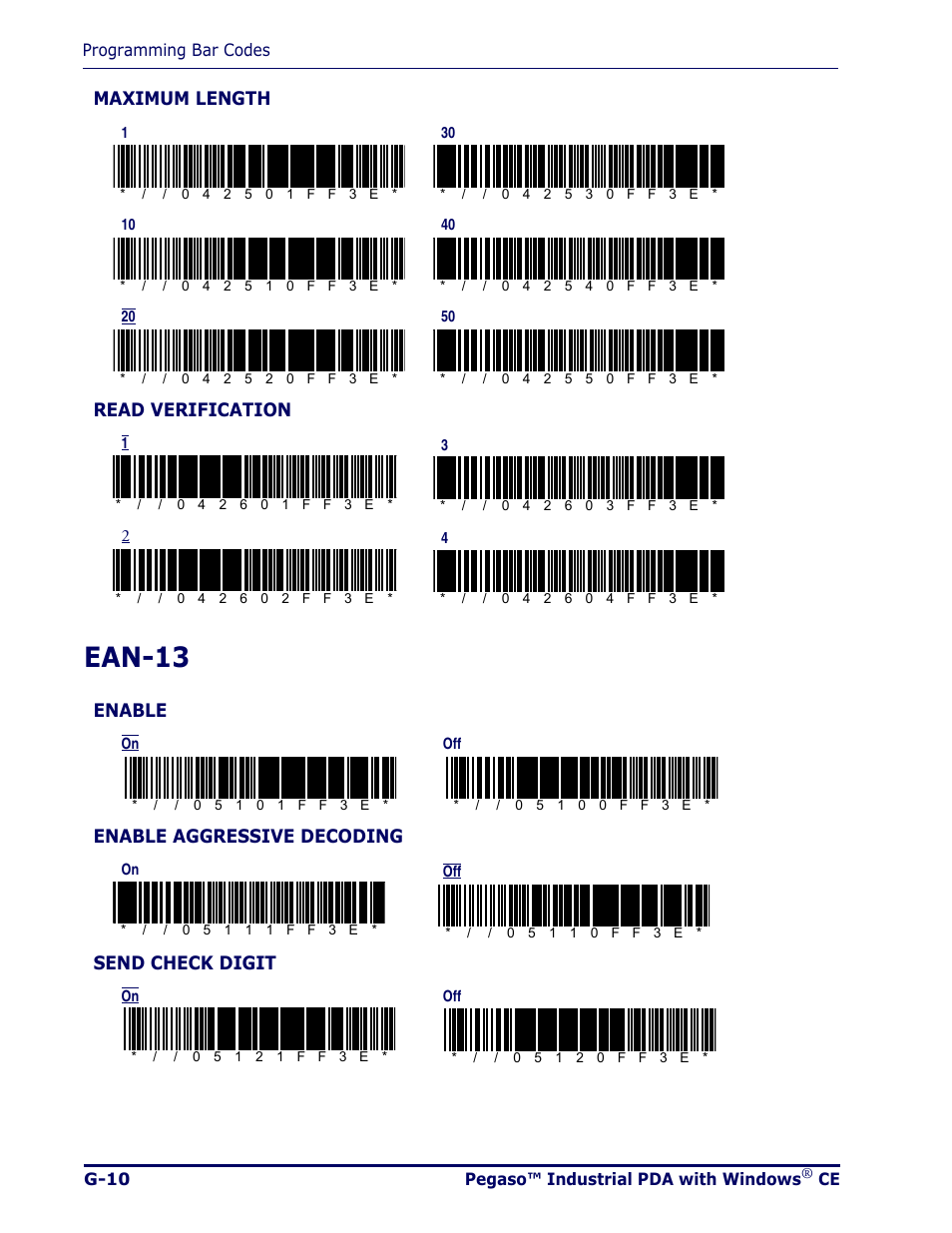 Ean-13, G-10, Maximum length | Read verification, Enable, Enable aggressive decoding, Send check digit | Datalogic Scanning Pegaso User Manual | Page 134 / 172