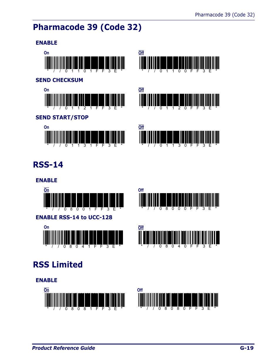Pharmacode 39 (code 32), Rss-14, Rss limited | G-19 | Datalogic Scanning Pegaso User Manual | Page 143 / 172