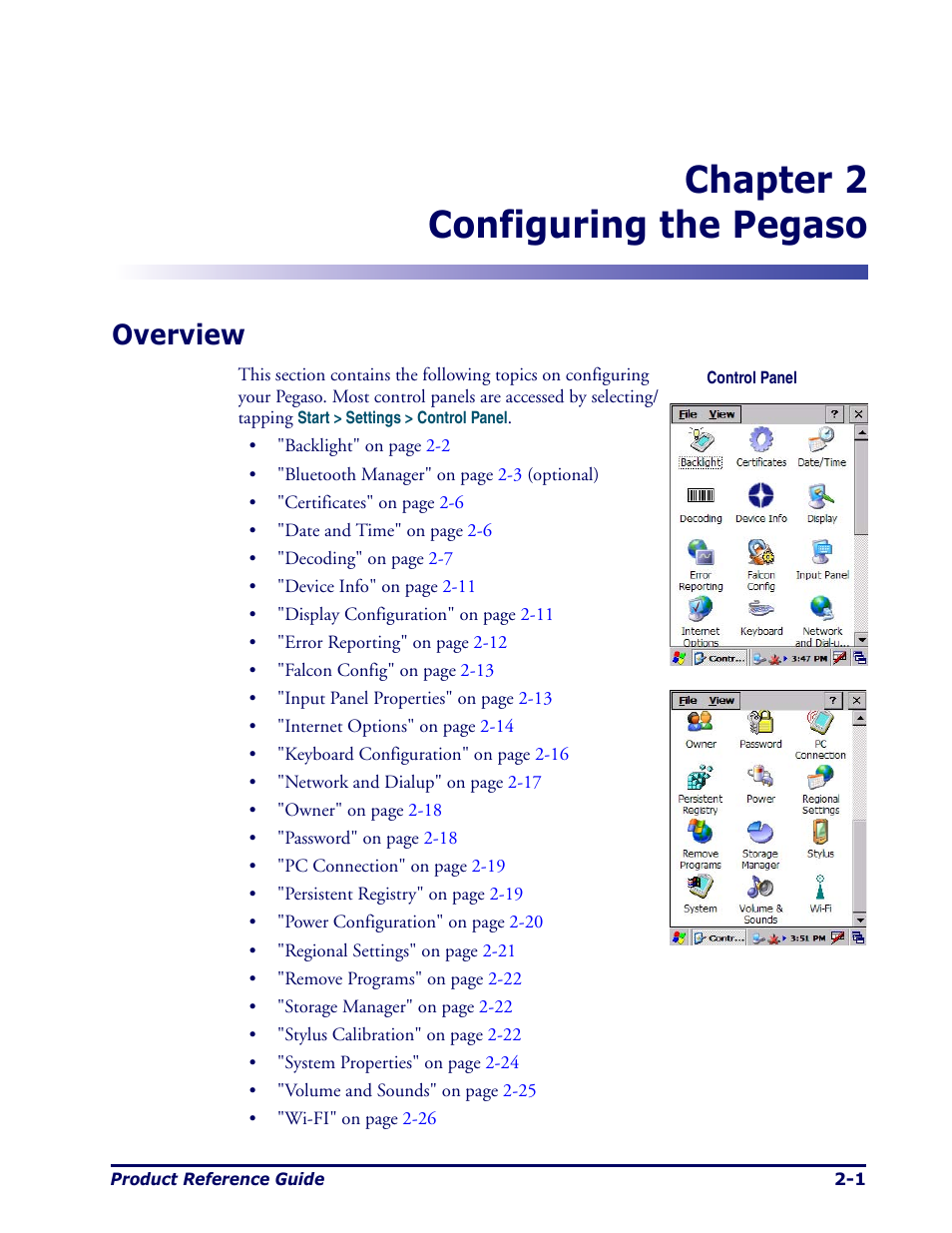 Configuring the pegaso, Overview, Chapter 2. configuring the pegaso -1 | Overview -1, Chapter, Configuring the pegaso", uses the, Chapter 2 configuring the pegaso | Datalogic Scanning Pegaso User Manual | Page 15 / 172