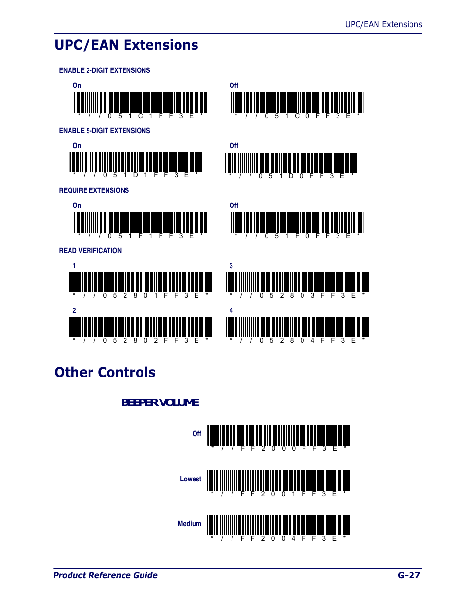 Upc/ean extensions, Other controls, G-27 | Upc/ean extensions other controls, Beeper volume | Datalogic Scanning Pegaso User Manual | Page 151 / 172