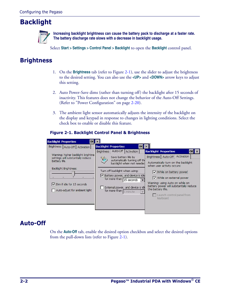 Backlight, Brightness, Auto-off | Backlight -2, Brightness -2 auto-off -2 | Datalogic Scanning Pegaso User Manual | Page 16 / 172