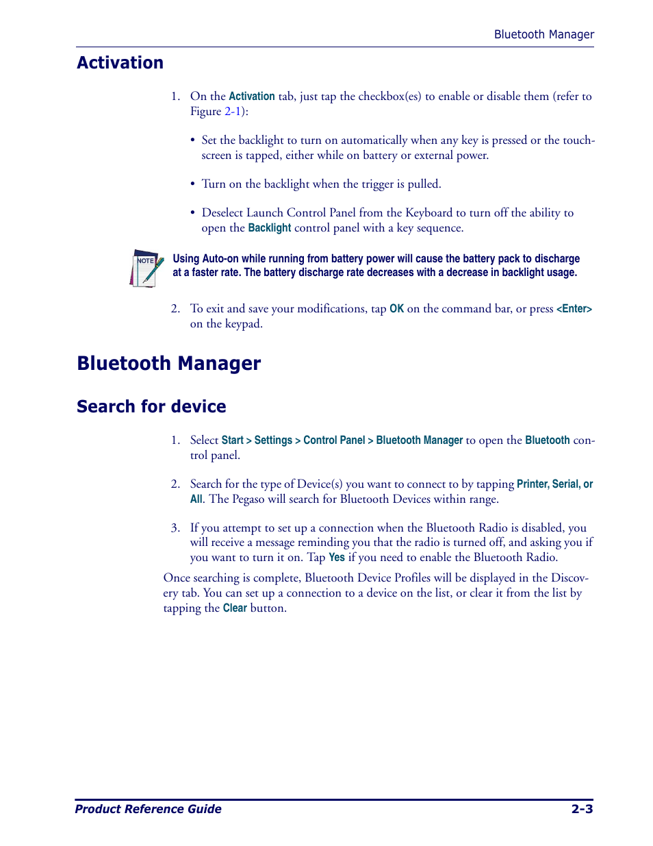 Activation, Bluetooth manager, Search for device | Activation -3, Bluetooth manager -3, Search for device -3, Optional) | Datalogic Scanning Pegaso User Manual | Page 17 / 172