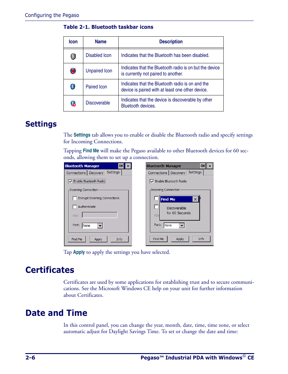 Settings, Certificates, Date and time | Settings -6, Certificates -6 date and time -6 | Datalogic Scanning Pegaso User Manual | Page 20 / 172