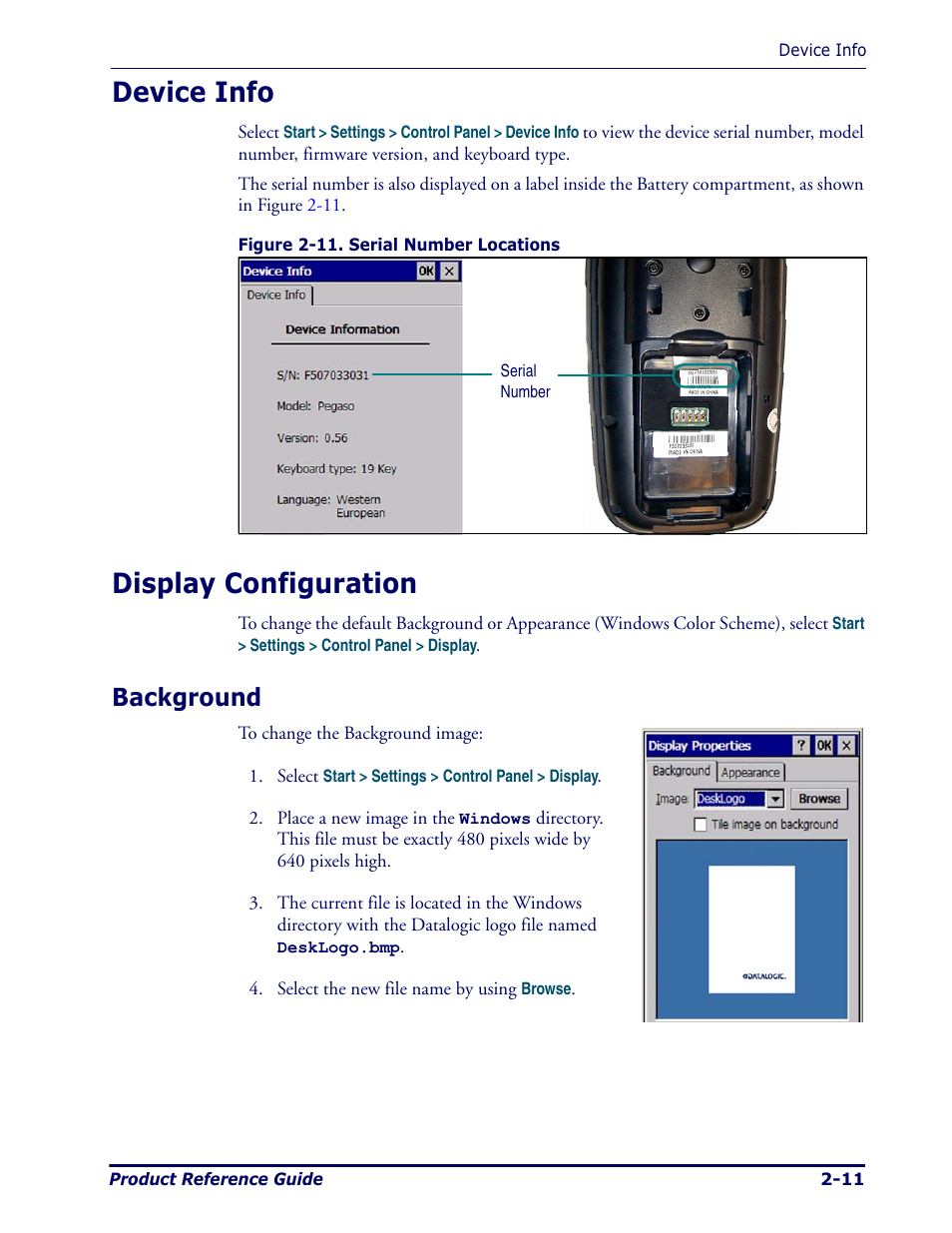 Device info, Display configuration, Background | Device info -11 display configuration -11, Background -11 | Datalogic Scanning Pegaso User Manual | Page 25 / 172