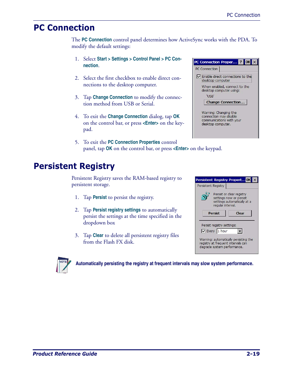 Pc connection, Persistent registry, Pc connection -19 persistent registry -19 | Datalogic Scanning Pegaso User Manual | Page 33 / 172