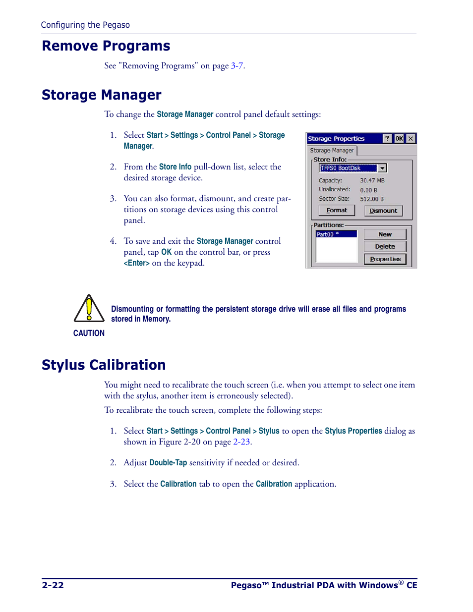Remove programs, Storage manager, Stylus calibration | Datalogic Scanning Pegaso User Manual | Page 36 / 172