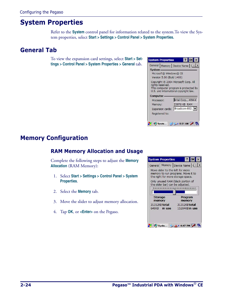 System properties, General tab, Memory configuration | System properties -24, General tab -24 memory configuration -24 | Datalogic Scanning Pegaso User Manual | Page 38 / 172