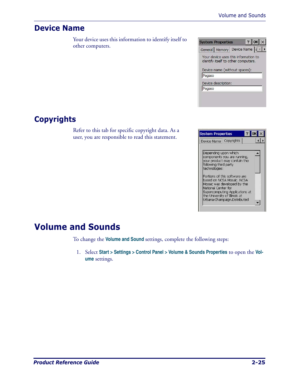 Device name, Copyrights, Volume and sounds | Device name -25 copyrights -25, Volume and sounds -25 | Datalogic Scanning Pegaso User Manual | Page 39 / 172