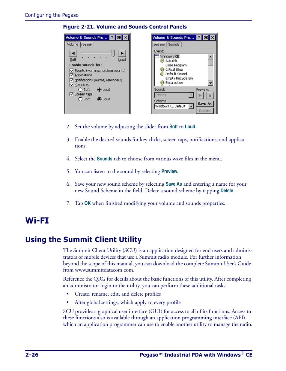 Wi-fi, Using the summit client utility, Wi-fi -26 | Using the summit client utility -26 | Datalogic Scanning Pegaso User Manual | Page 40 / 172