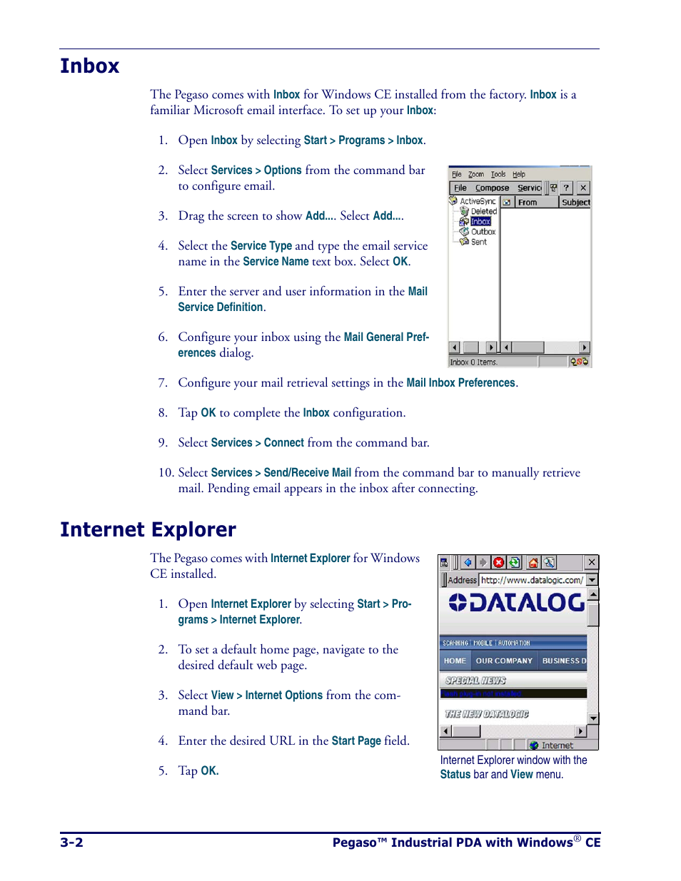 Inbox, Internet explorer, Inbox -2 internet explorer -2 | Datalogic Scanning Pegaso User Manual | Page 48 / 172
