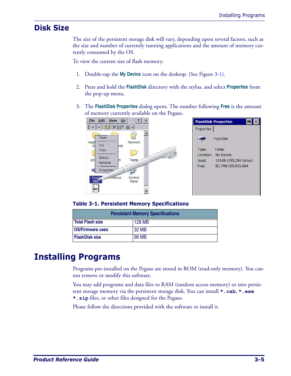 Disk size, Installing programs, Disk size -5 | Installing programs -5 | Datalogic Scanning Pegaso User Manual | Page 51 / 172