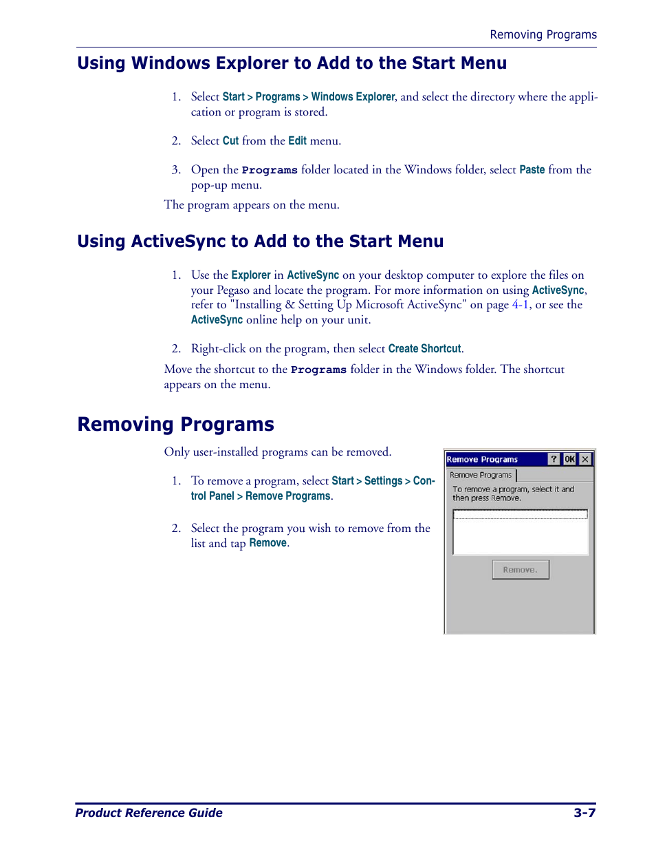 Using windows explorer to add to the start menu, Using activesync to add to the start menu, Removing programs | Removing programs -7 | Datalogic Scanning Pegaso User Manual | Page 53 / 172