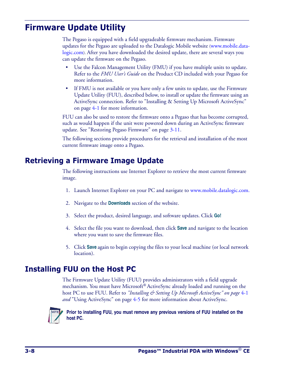 Firmware update utility, Retrieving a firmware image update, Installing fuu on the host pc | Firmware update utility -8 | Datalogic Scanning Pegaso User Manual | Page 54 / 172