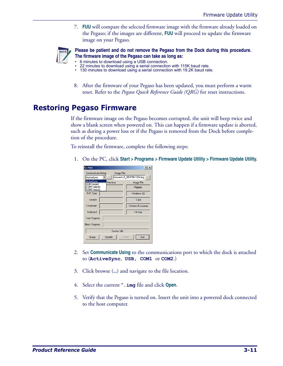 Restoring pegaso firmware, Restoring pegaso firmware -11 | Datalogic Scanning Pegaso User Manual | Page 57 / 172