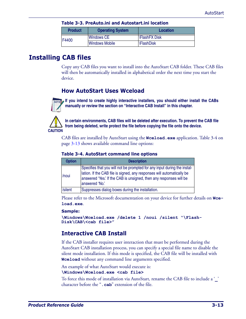 Installing cab files, Installing cab files -13, Table | Ence table, For the location), How autostart uses wceload, Interactive cab install | Datalogic Scanning Pegaso User Manual | Page 59 / 172