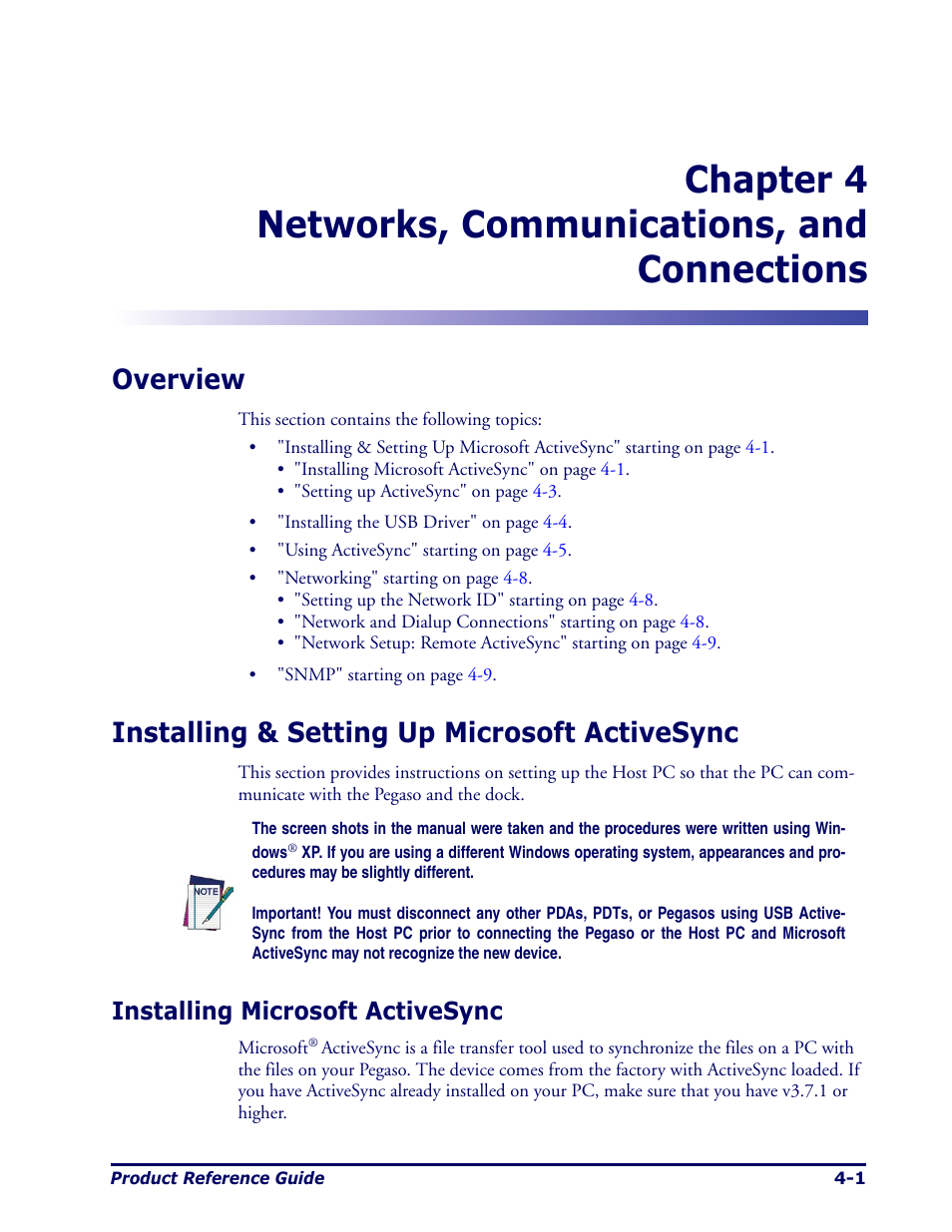 Networks, communications, and connections, Overview, Installing & setting up microsoft activesync | Installing microsoft activesync, Installing microsoft activesync -1, Chapter, Networks, communica, To connect y | Datalogic Scanning Pegaso User Manual | Page 63 / 172