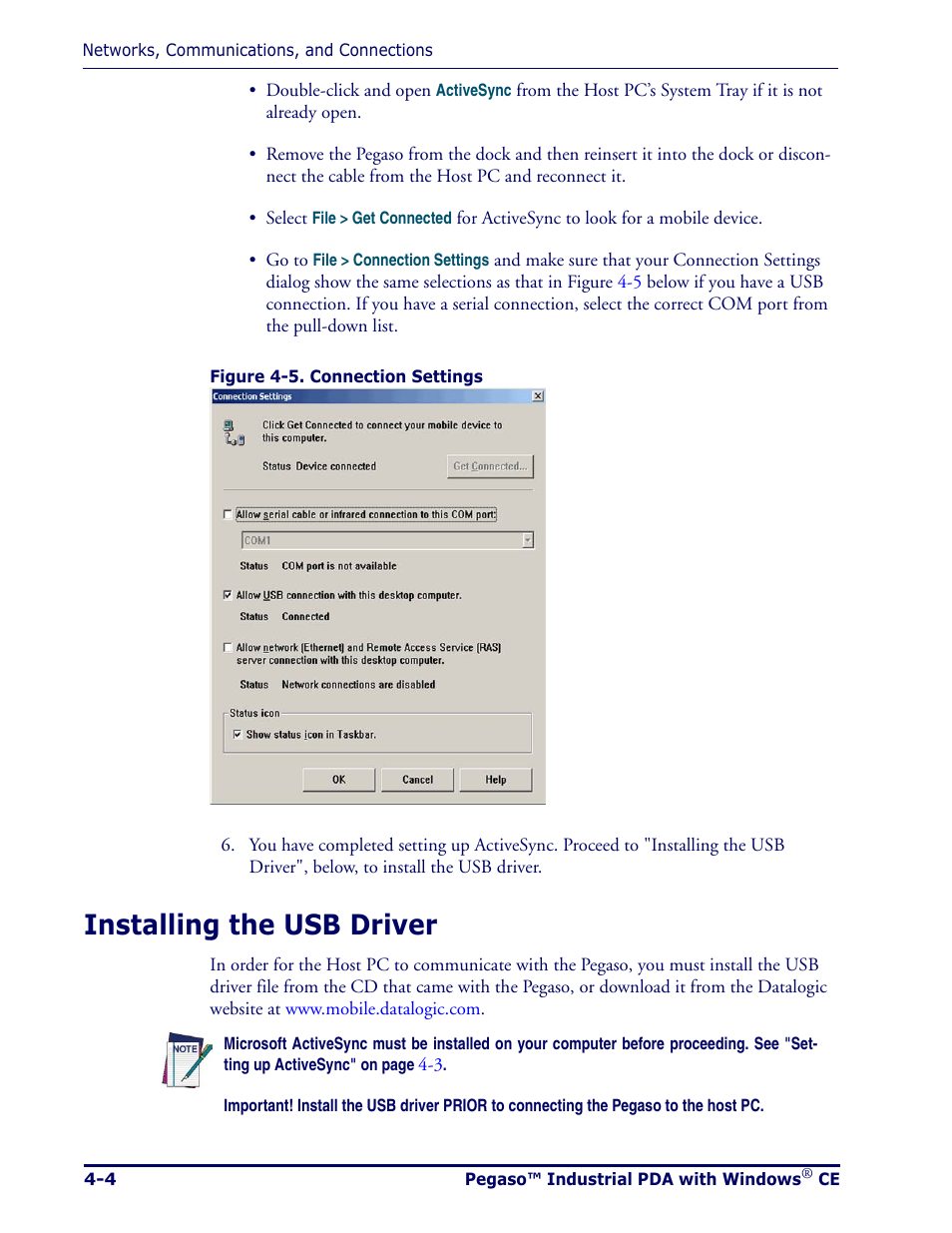 Installing the usb driver, Installing the usb driver -4 | Datalogic Scanning Pegaso User Manual | Page 66 / 172