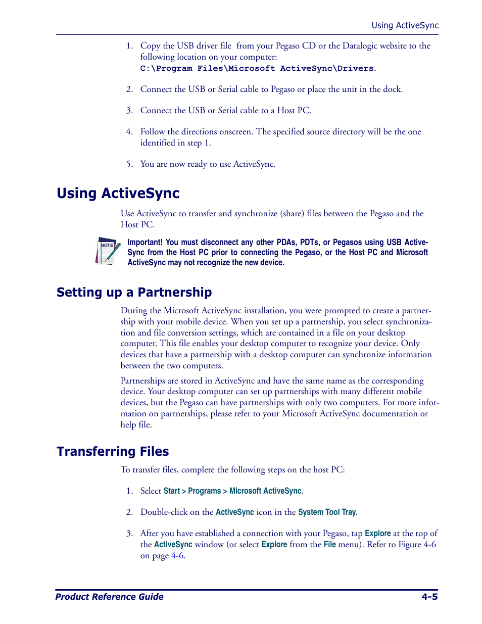 Using activesync, Setting up a partnership, Transferring files | Using activesync -5, Setting up a partnership -5 transferring files -5 | Datalogic Scanning Pegaso User Manual | Page 67 / 172