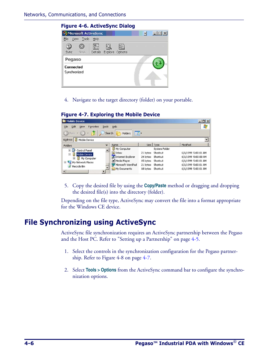 File synchronizing using activesync, File synchronizing using activesync -6 | Datalogic Scanning Pegaso User Manual | Page 68 / 172