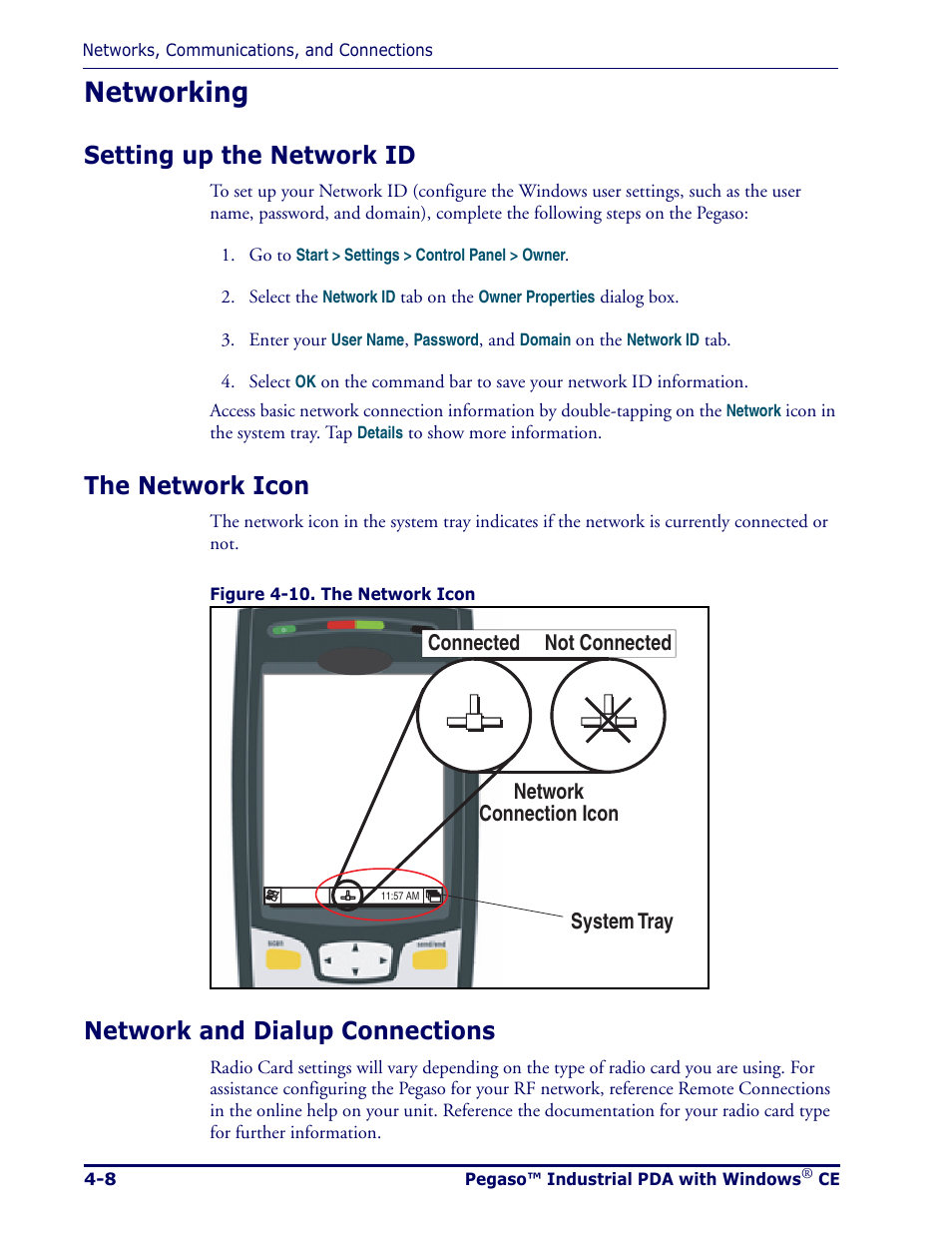 Networking, Setting up the network id, The network icon | Network and dialup connections, Networking -8 | Datalogic Scanning Pegaso User Manual | Page 70 / 172
