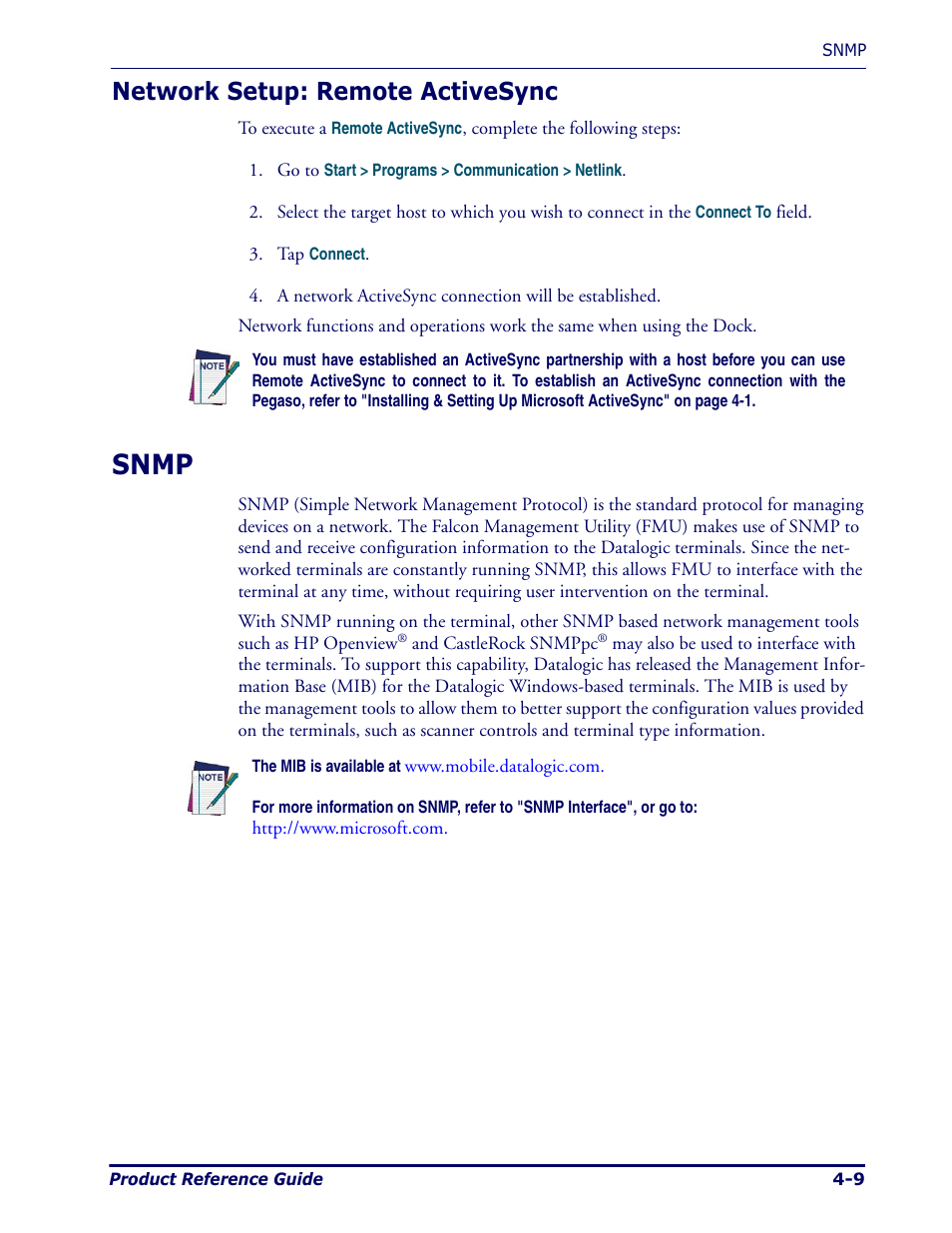 Network setup: remote activesync, Snmp, Network setup: remote activesync -9 | Snmp -9 | Datalogic Scanning Pegaso User Manual | Page 71 / 172