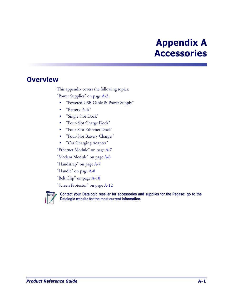 Accessories, Overview, Appendix | Accessories", describes the a, D "accesso, Ries, Appendix a accessories | Datalogic Scanning Pegaso User Manual | Page 73 / 172