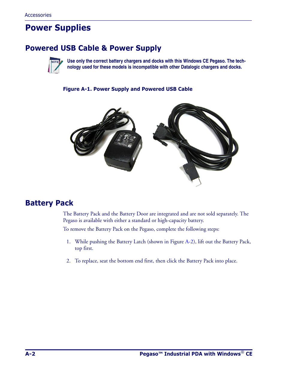 Power supplies, Powered usb cable & power supply, Battery pack | T "power supplies" a | Datalogic Scanning Pegaso User Manual | Page 74 / 172