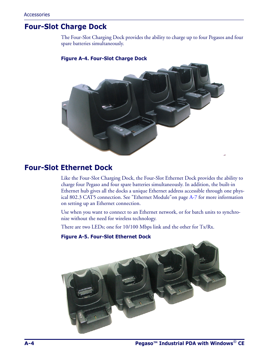 Four-slot charge dock, Four-slot ethernet dock | Datalogic Scanning Pegaso User Manual | Page 76 / 172