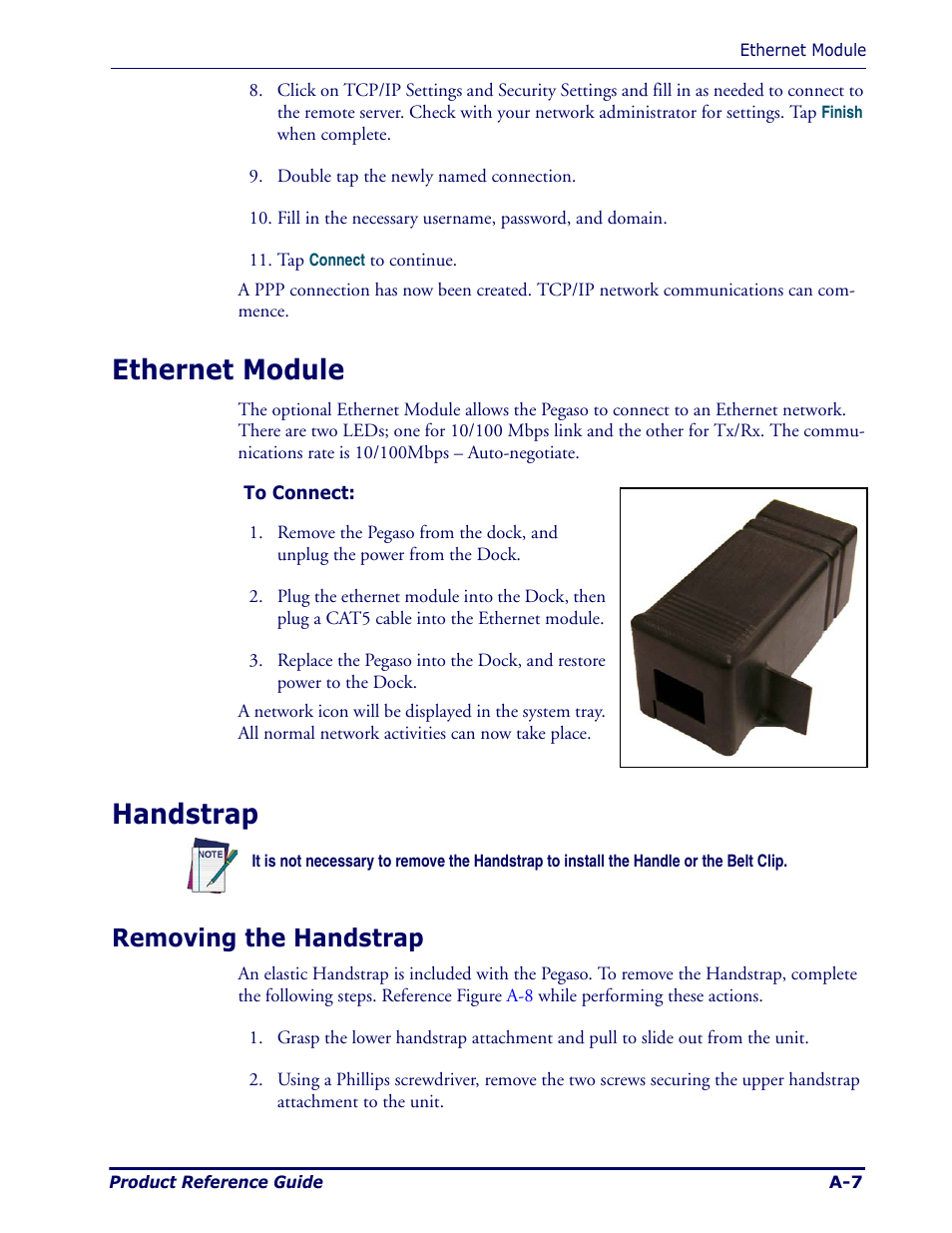 Ethernet module, Handstrap, Removing the handstrap | Datalogic Scanning Pegaso User Manual | Page 79 / 172