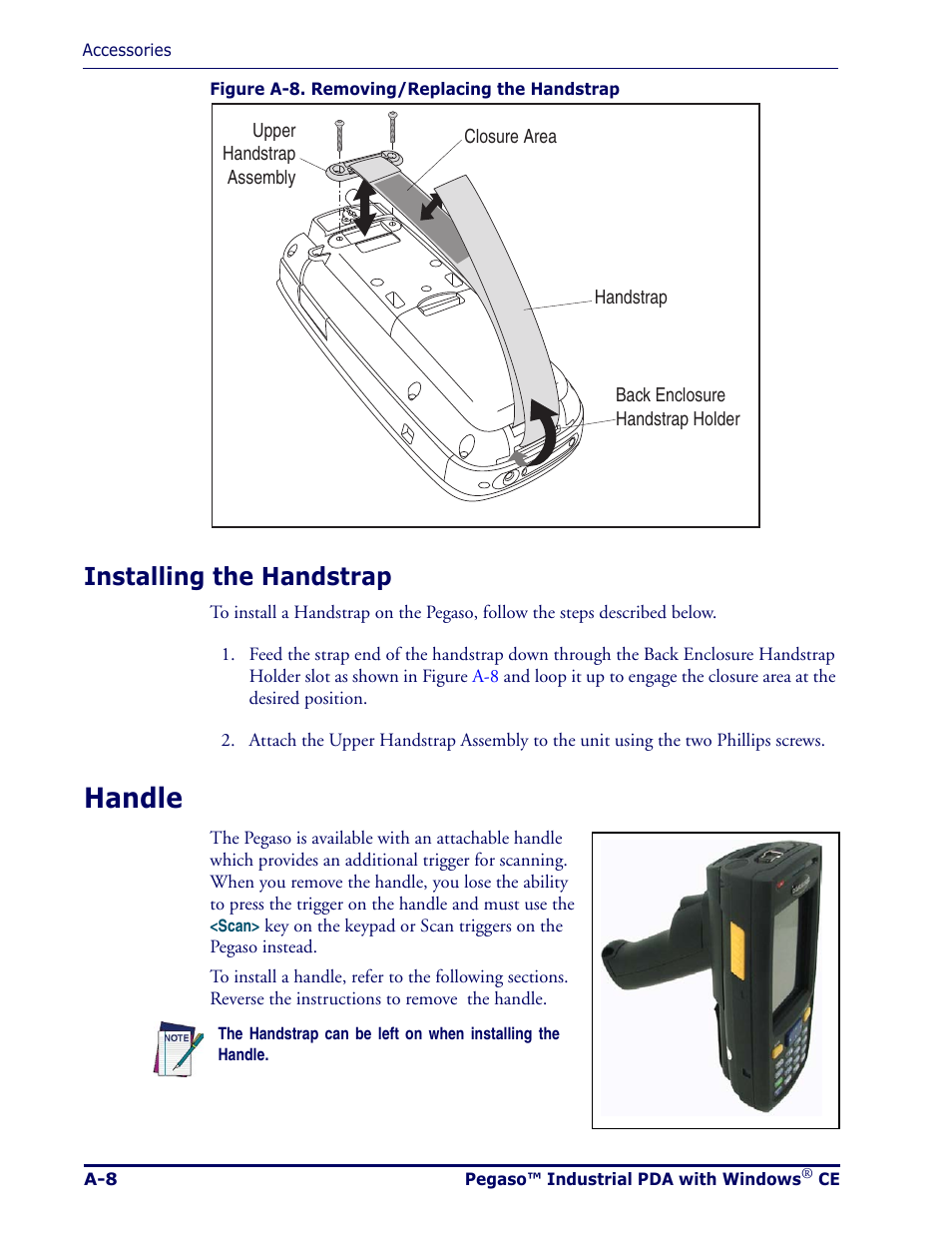 Installing the handstrap, Handle | Datalogic Scanning Pegaso User Manual | Page 80 / 172